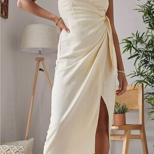 Urban Outfitters Linen Blend Cream Wrap Dress Medium